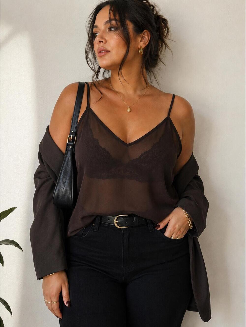 Chocolate Brown Sheer Chiffon Cami Tank Top Y2K Office Siren Layering Piece PXL